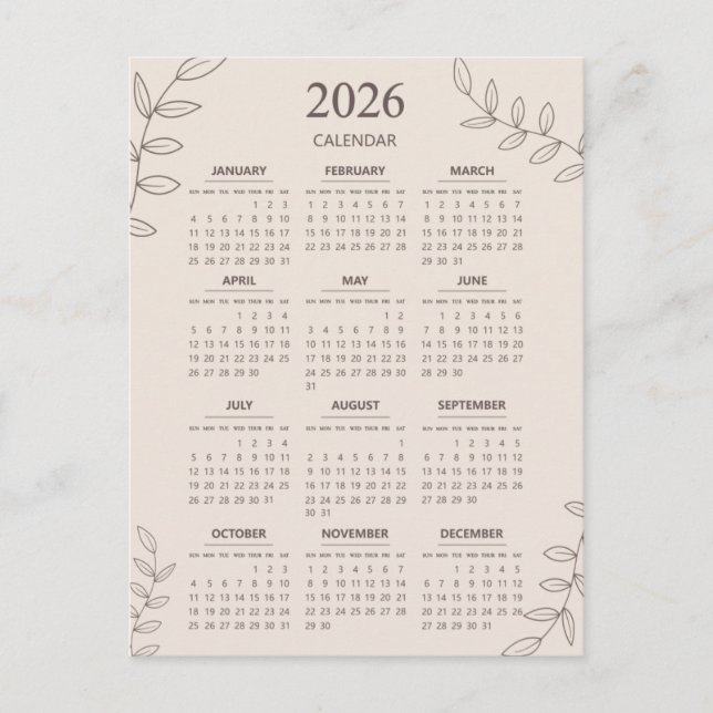 Postal Calendario anual 2026 Arte de línea floral Minimal (Anverso)