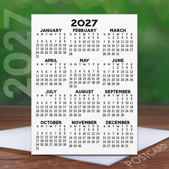 Postal Calendario anual 2027 - Mínimo básico (2027 Calendar on a Postcard)