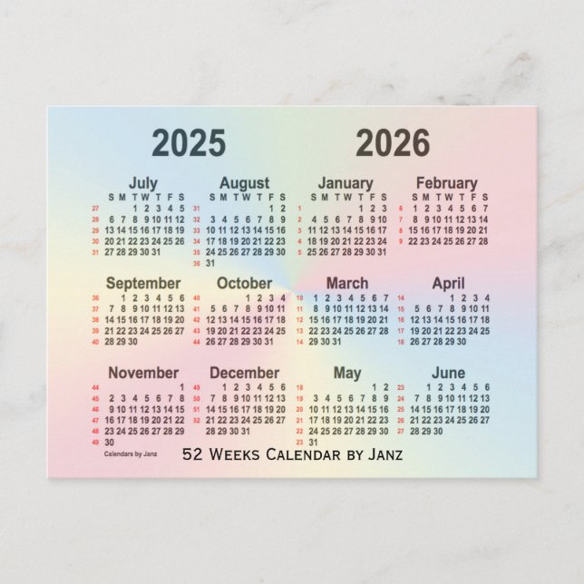 Postal Calendario arcoiris 2025-2026 de 52 semanas, de no (Anverso)