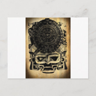 Postal Calendario azteca diseño máscara de sol mexicana