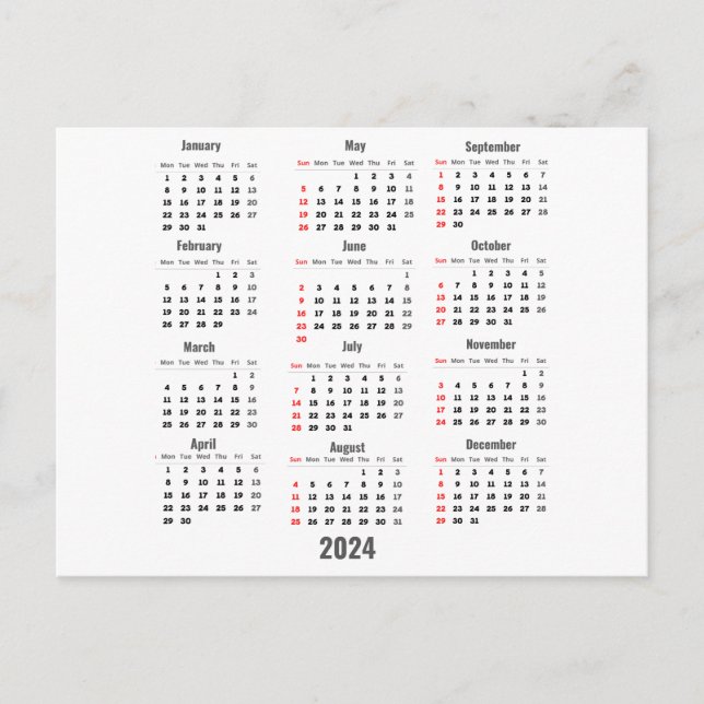 Postal Calendario Blanco 2024 de 52 Semanas (Anverso)