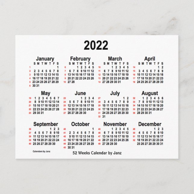 Postal Calendario Blanco de 52 semanas 2022, de Janz (Anverso)