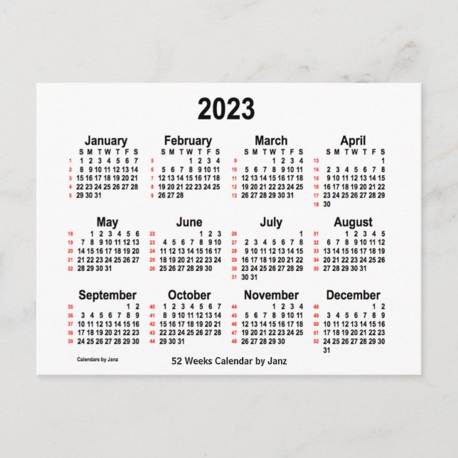 Postal Calendario Blanco de 52 semanas 2023 de Janz (Anverso)
