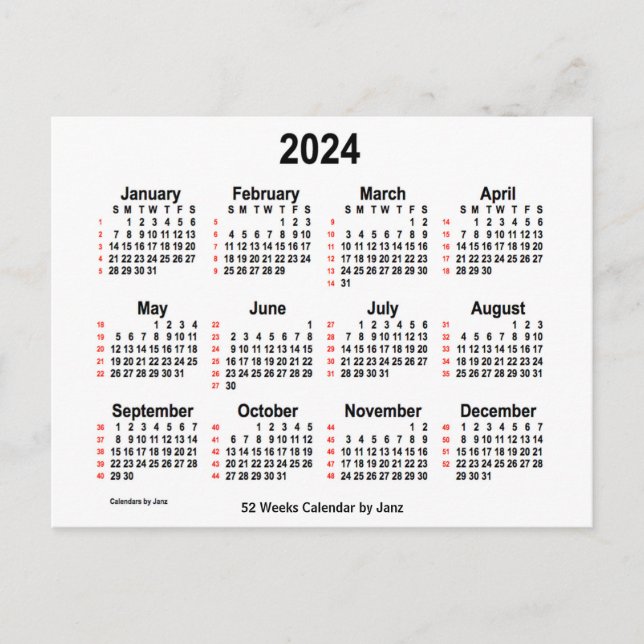 Postal Calendario Blanco de 52 semanas 2024 de Janz (Anverso)