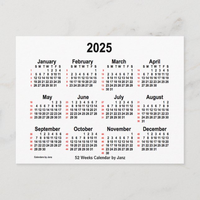 Postal Calendario Blanco de 52 semanas 2025 de Janz (Anverso)