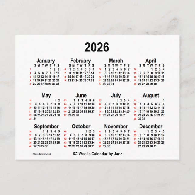 Postal Calendario Blanco de 52 semanas 2026 de Janz (Anverso)