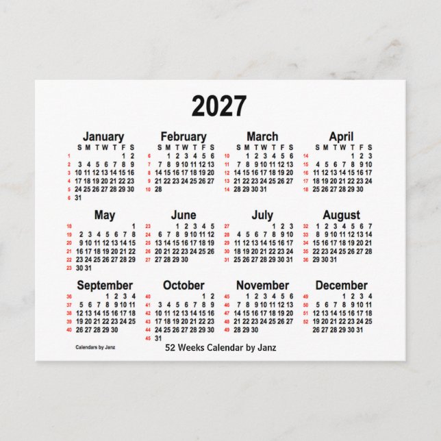Postal Calendario Blanco de 52 semanas 2027 de Janz (Anverso)
