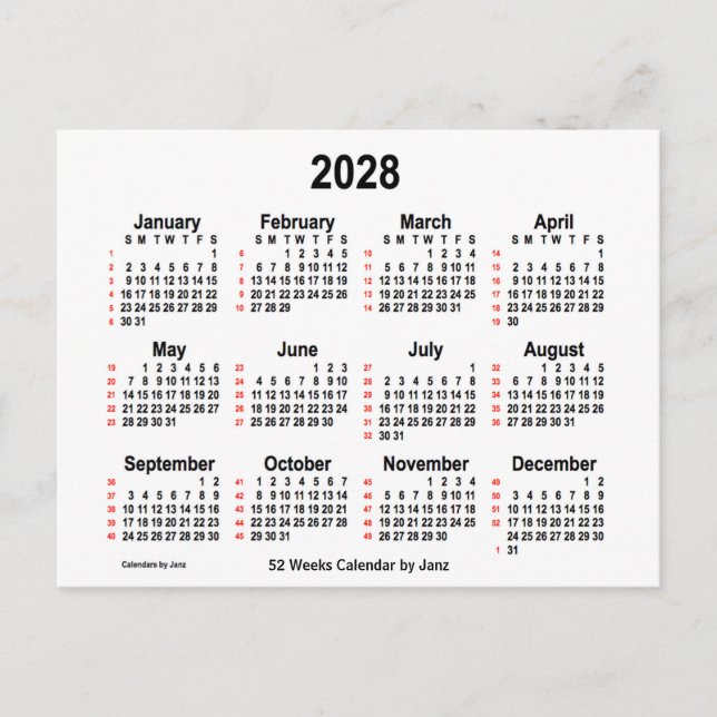 Postal Calendario Blanco de 52 semanas 2028 de Janz (Anverso)