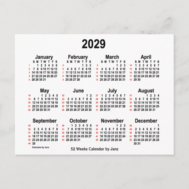 Postal Calendario Blanco de 52 semanas 2029 de Janz (Anverso)