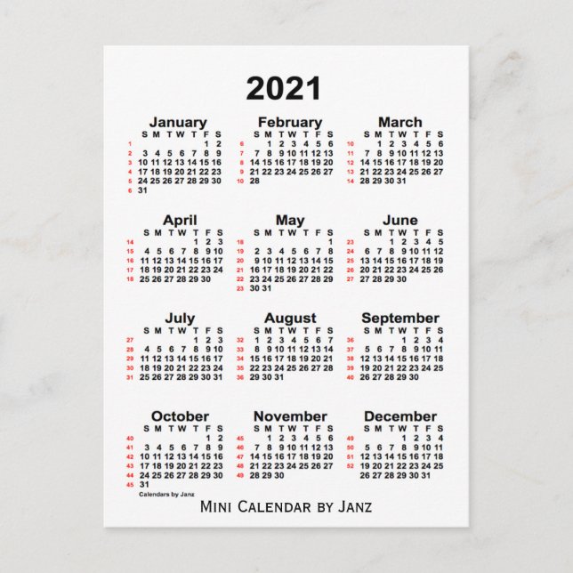 Postal Calendario Blanco de 52 semanas de 2021, de Janz (Anverso)