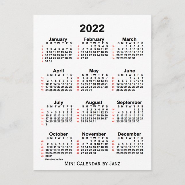 Postal Calendario blanco de 52 semanas de 2022 por Janz P (Anverso)