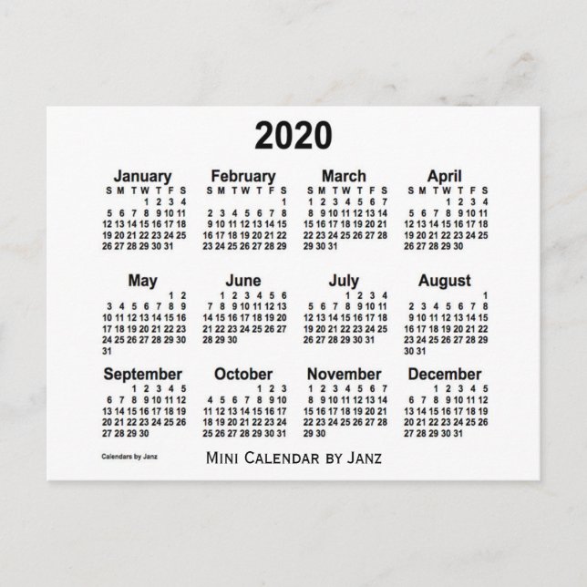 Postal Calendario Blanco Mini 2020 de Janz (Anverso)