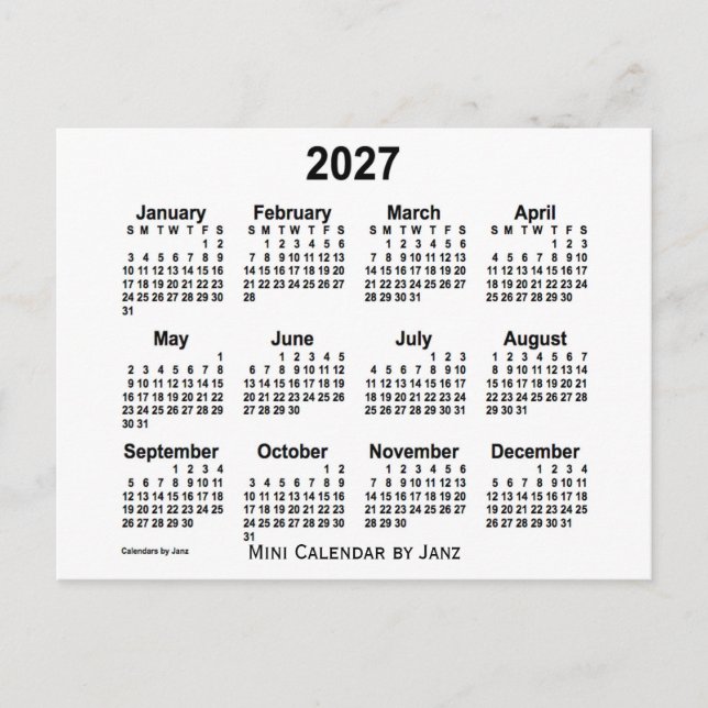 Postal Calendario Blanco Mini 2027 de Janz (Anverso)