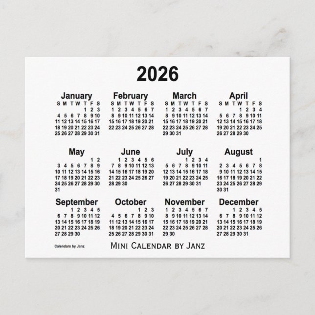 Postal Calendario Blanco Mini de 2026 de Janz (Anverso)