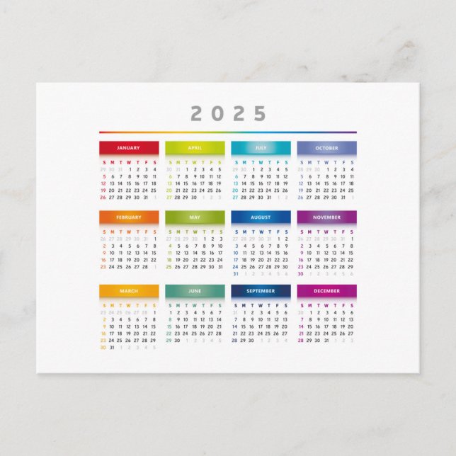 Postal Calendario colorido 2025 - Colores arcoiris 3 colu (Anverso)