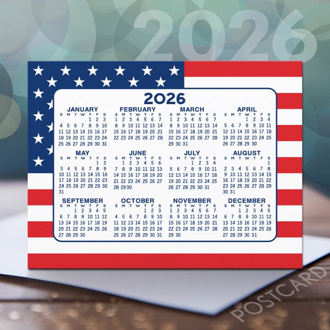 Postal Calendario con bandera estadounidense - Azul blanc (2026 Calendar Postcard)