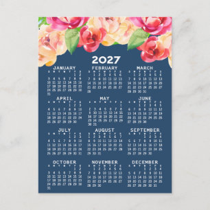 Postal Calendario con Flores de Acuarela Pintadas