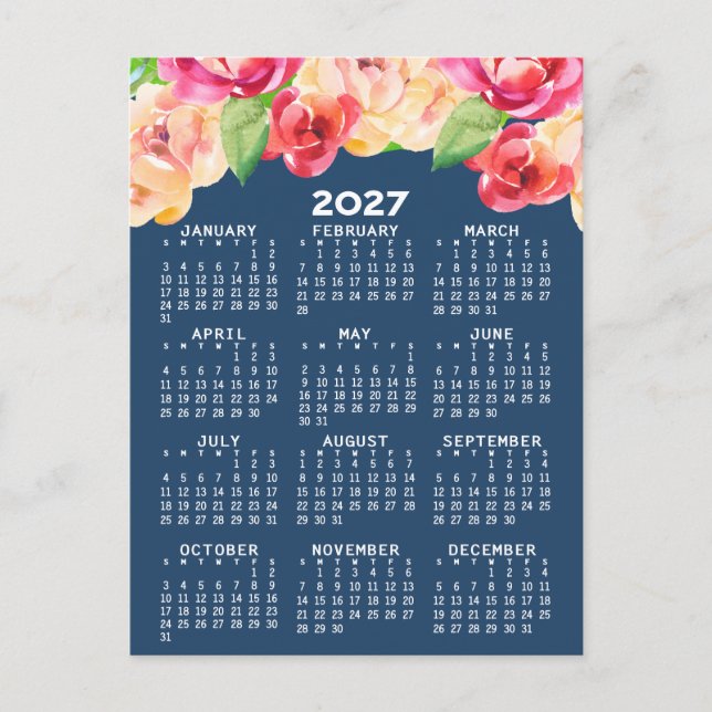 Postal Calendario con Flores de Acuarela Pintadas (Anverso)