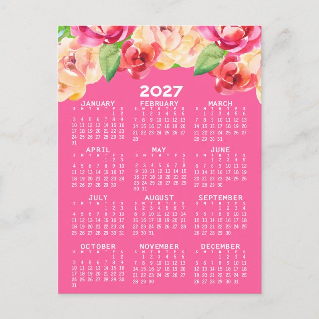 Postal Calendario con flores de acuarela pintadas rosa (Anverso)