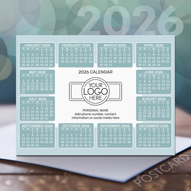 Postal Calendario con información de contacto del logotip (2026 Calendar Postcard)