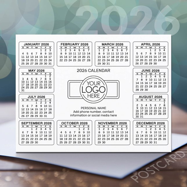 Postal Calendario con información de contacto del logotip (2026 Calendar Postcard)