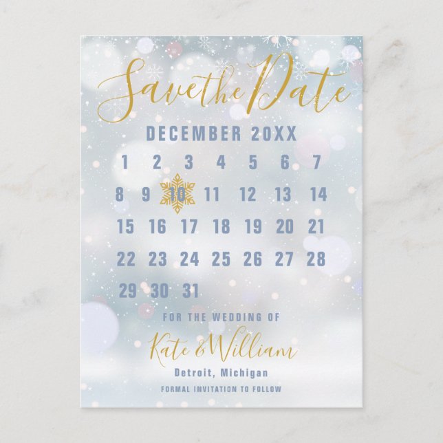 Postal Calendario Copos de Nieve Boda Guarde la Fecha (Anverso)