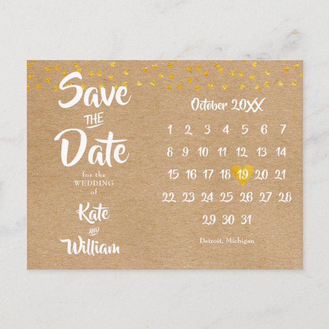 Postal Calendario Corazón Rústico Boho Save the Date (Anverso)