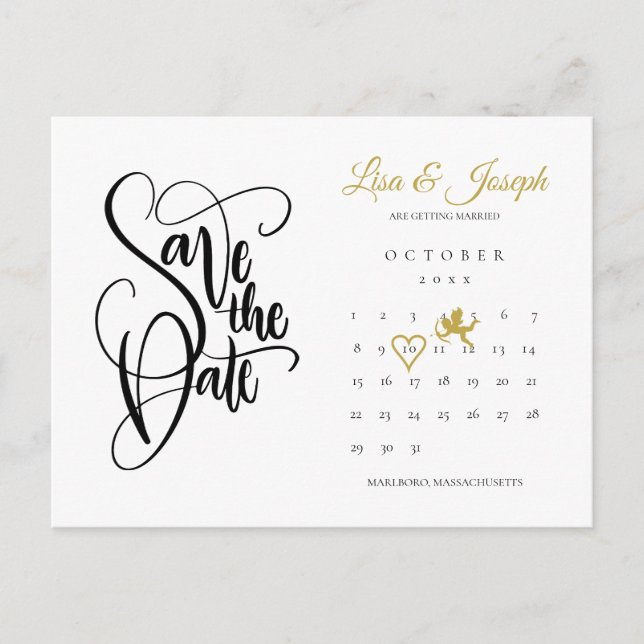 Postal Calendario Cupid Gold Love Heart Save the Date (Anverso)
