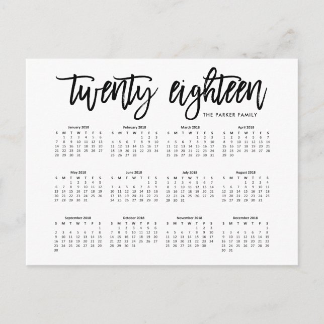 Postal Calendario de 2018 | Tipografía moderna (Anverso)