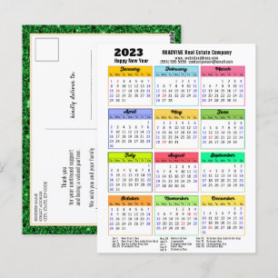 Postal Calendario de 2023 Purpurina Verde con guión negro