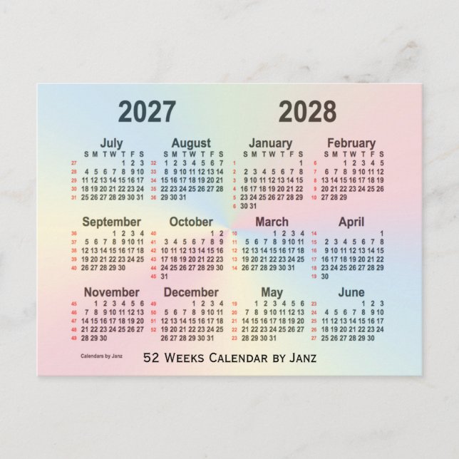 Postal Calendario de 52 semanas del arco iris 2027-2028,  (Anverso)