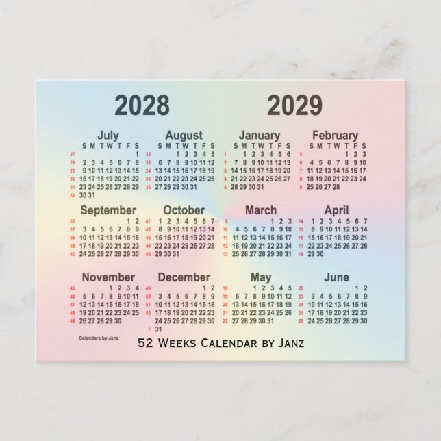 Postal Calendario de 52 semanas del arco iris 2028-2029,  (Anverso)