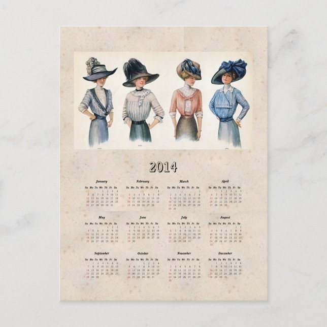 Postal Calendario de bolsillos de moda eduardiana de 2014 (Anverso)