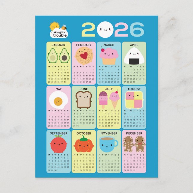 Postal Calendario de Comida Kawaii 2026 (Anverso)