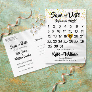 Postal Calendario de Corazón de Amor Dorado Save the Date