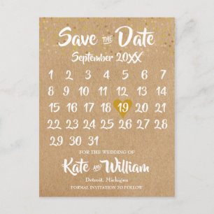 Postal Calendario de Corazón de Oro Rustic Kraft Save the