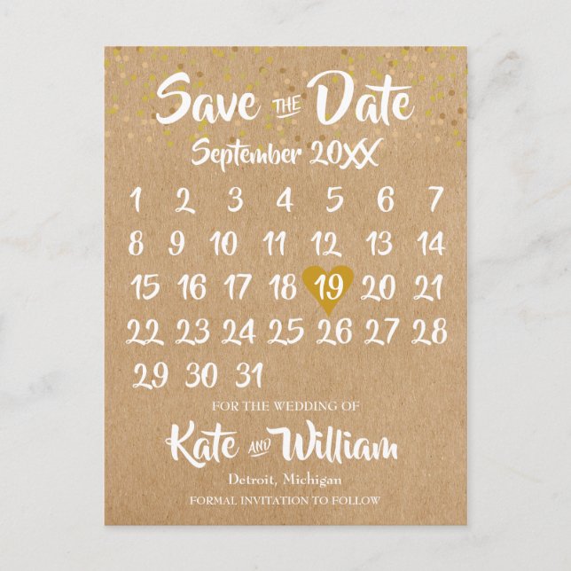 Postal Calendario de Corazón de Oro Rustic Kraft Save the (Anverso)