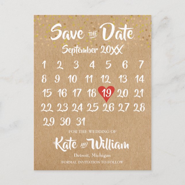 Postal Calendario de Corazón Rojo Rustic Kraft Save the D (Anverso)