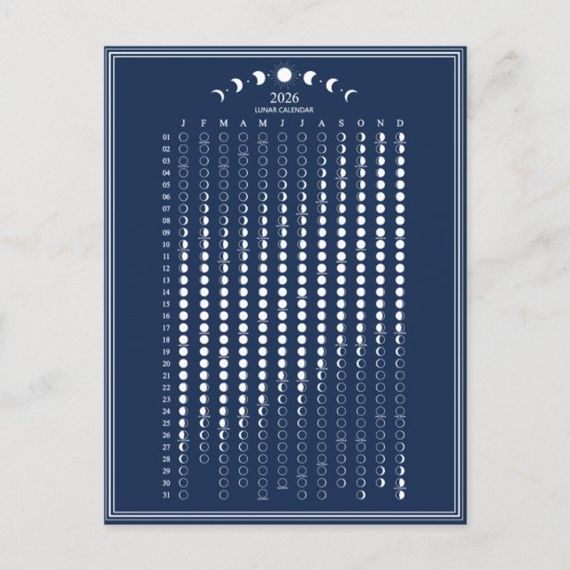 Postal Calendario de fases lunares de 2026 Ciclos lunares (Anverso)
