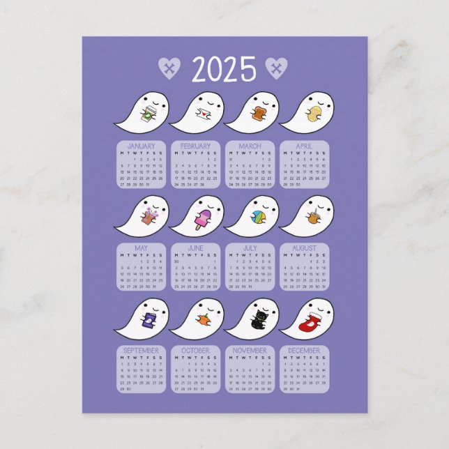 Postal Calendario de favoritos de Kawaii Ghost 2025 (Anverso)