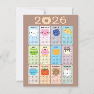 Postal Calendario de gatos y gatitos Kawaii 2026