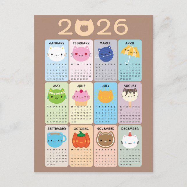 Postal Calendario de gatos y gatitos Kawaii 2026 (Anverso)
