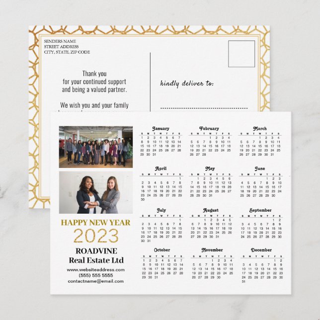 Postal Calendario de guiones dorados modernos de la fotog (Anverso / Reverso)