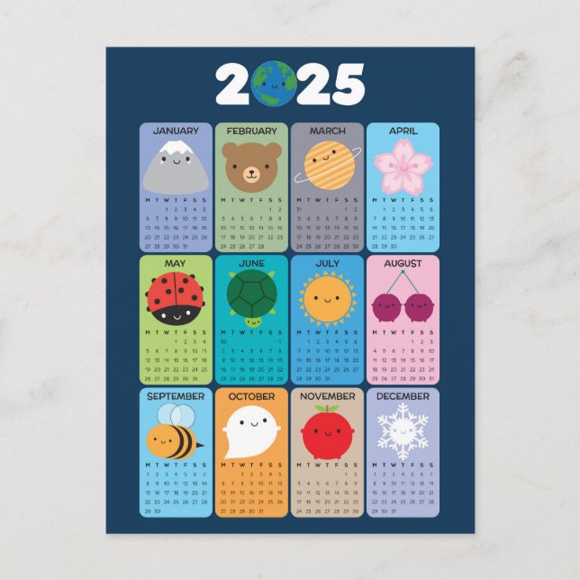 Postal Calendario de Happy Nature Kawaii 2025 (Anverso)