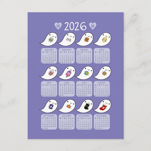 Postal Calendario de Kawaii Halloween Ghosts 2026 (Anverso)