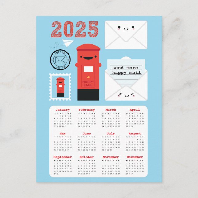 Postal Calendario de Kawaii Happy Mail 2025 (Anverso)