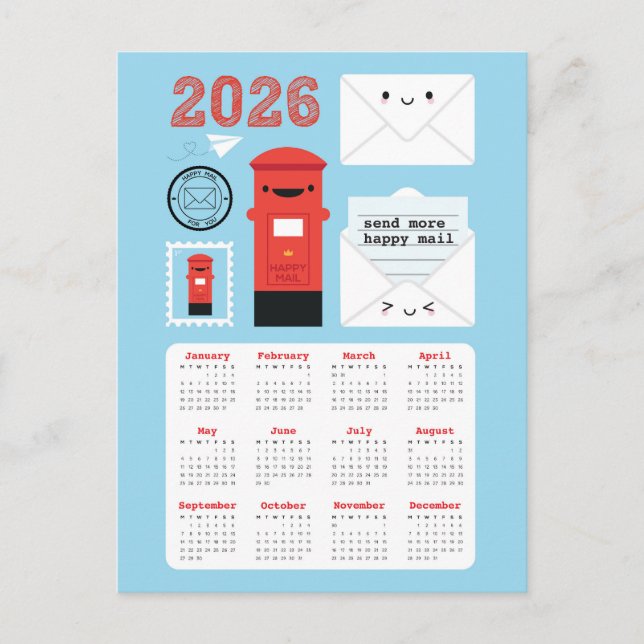 Postal Calendario de Kawaii Happy Mail 2026 (Anverso)