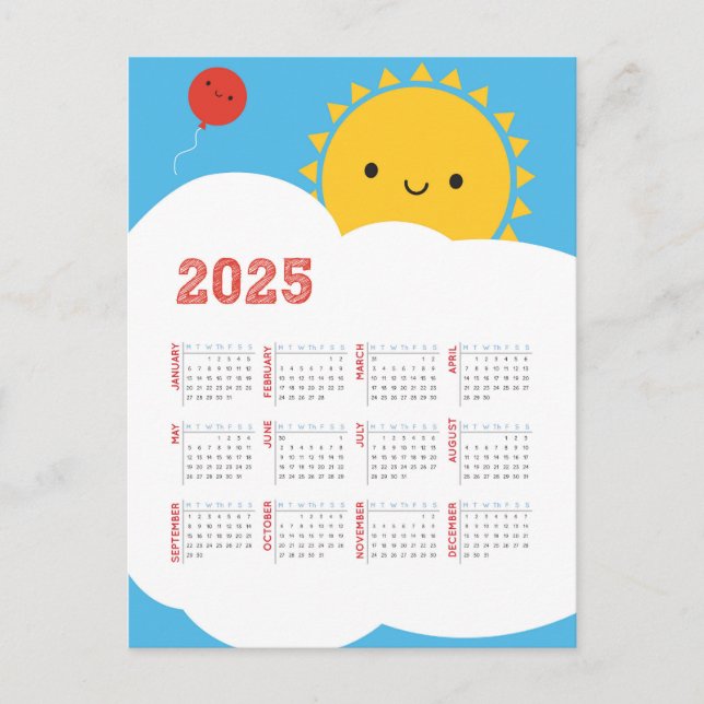 Postal Calendario de Kawaii Happy Sun 2025 (Anverso)