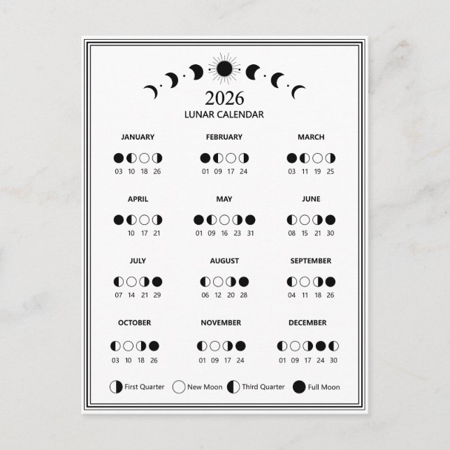 Postal Calendario de la fase lunar 2026 Minimalista (Anverso)