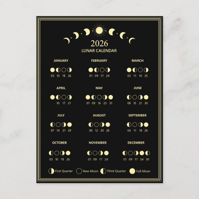 Postal Calendario de la fase lunar 2026 Minimalista (Anverso)